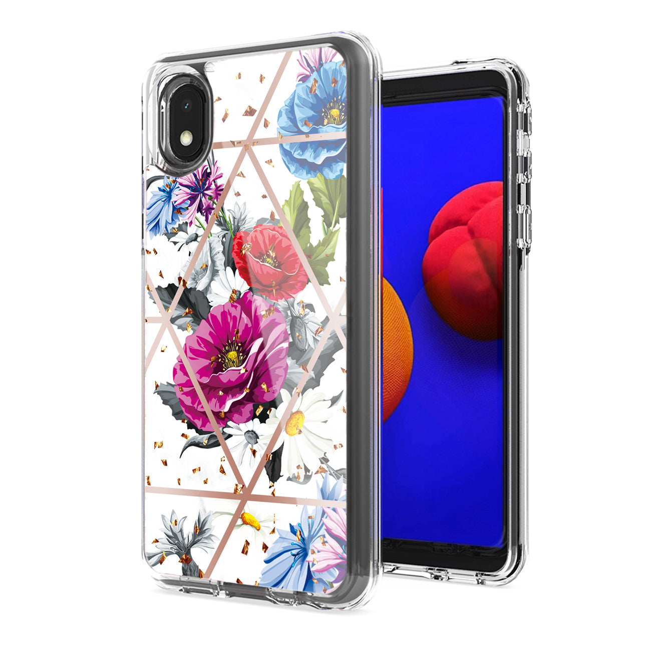 Flower Design Pattern Printing Dual Layer Hybrid Hard Plastic and Soft TPU Rubber Case Cover for SAMSUNG GALAXY A01 CORE In Blue Base flower